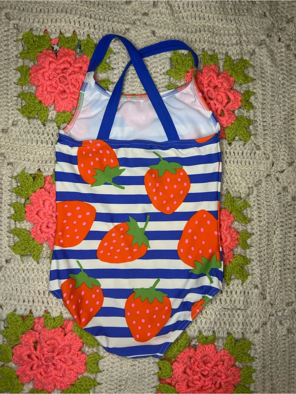 Mini Boden Blue and Orange Strawberry One-Piece Swimsuit